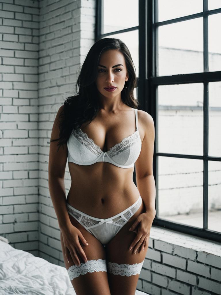 Elegant Brunette in White Lace Lingerie: Loft Window Series