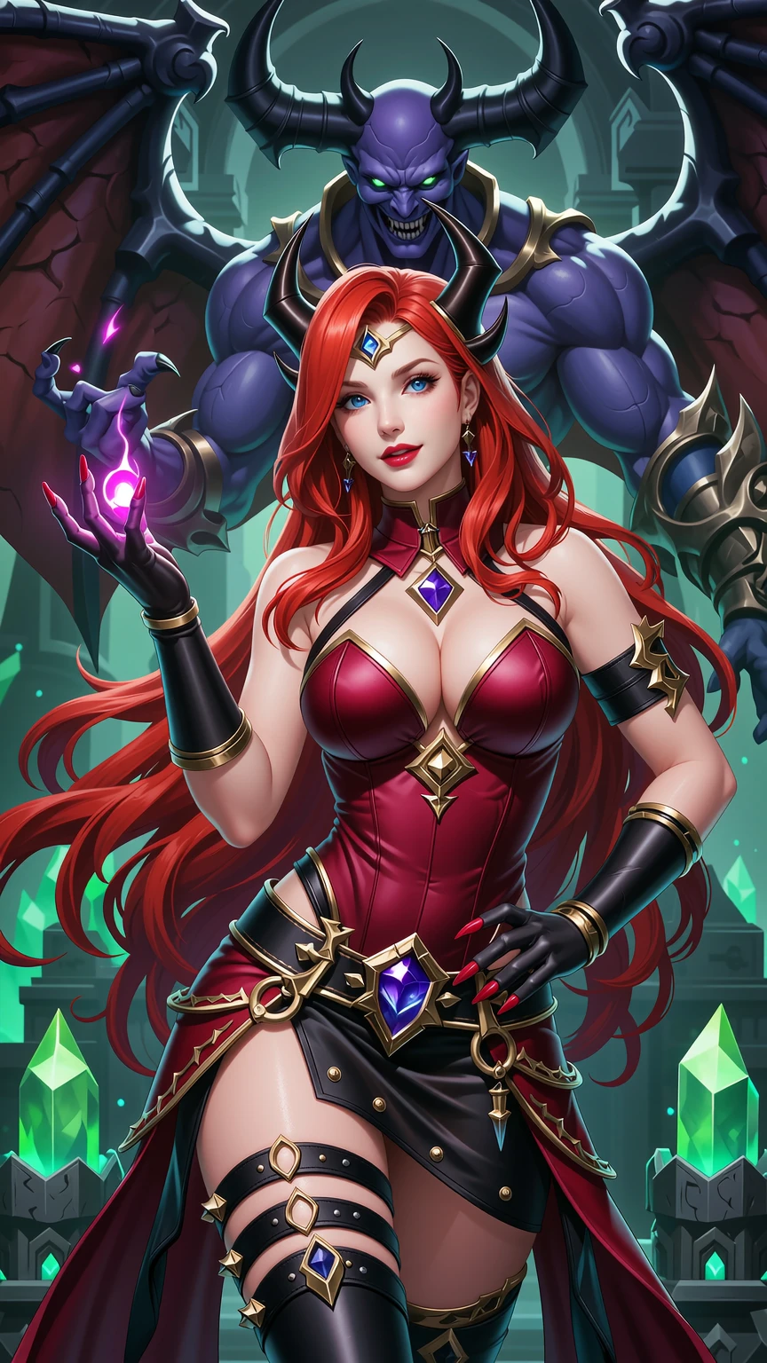 Crimson Sorceress Before Demonic Warlord Throne