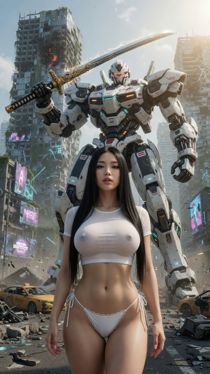 Asian Beauty Posing with Giant Mecha Warrior