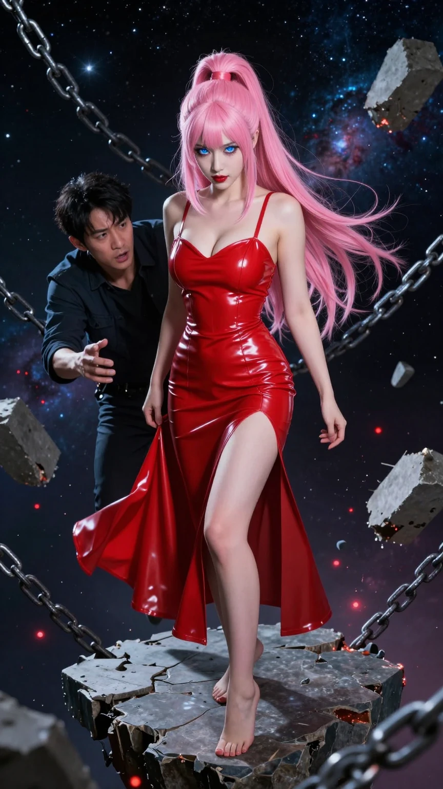 Pink-Haired Beauty in Red Latex Cosmic Peril