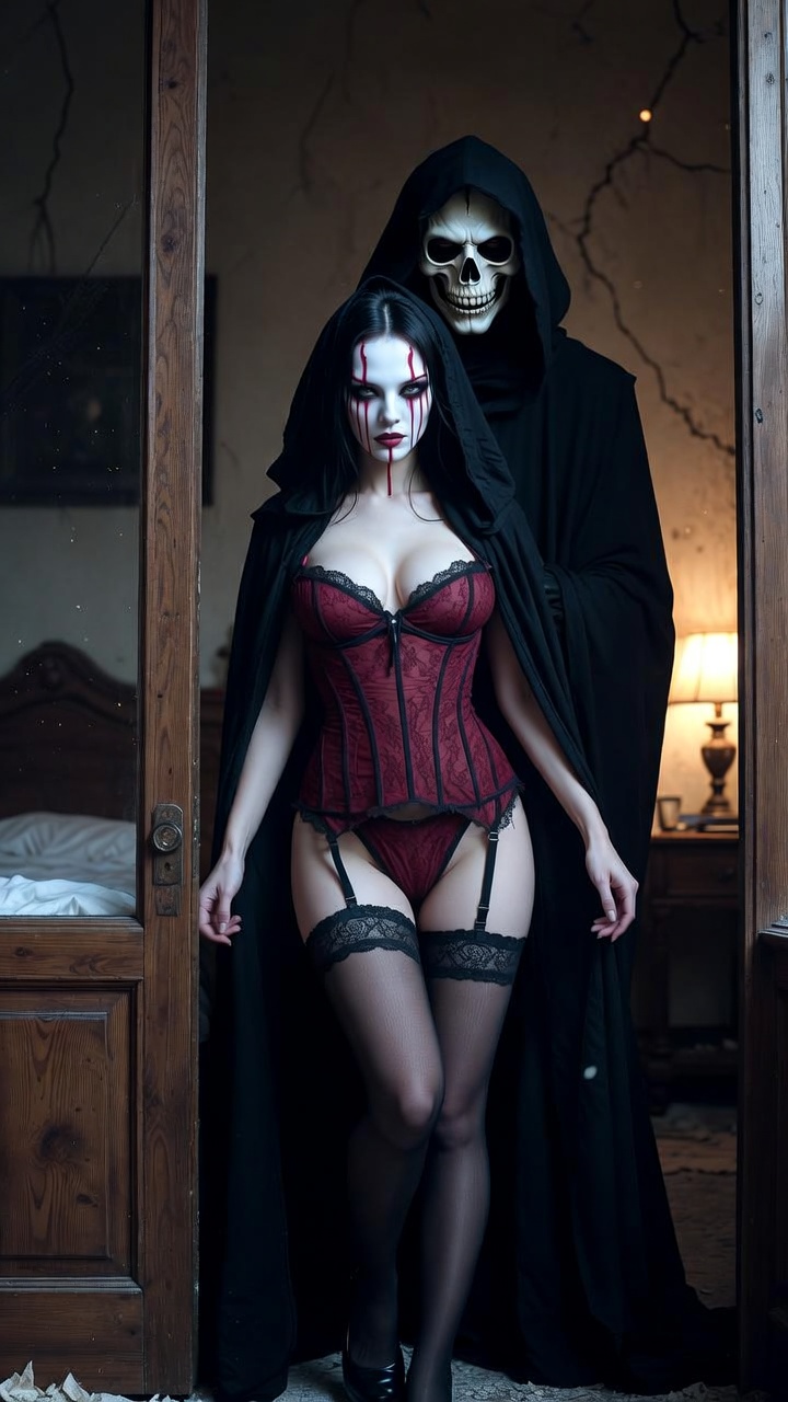 Dark Ritual Seduction in Haunted Bedroom Scene