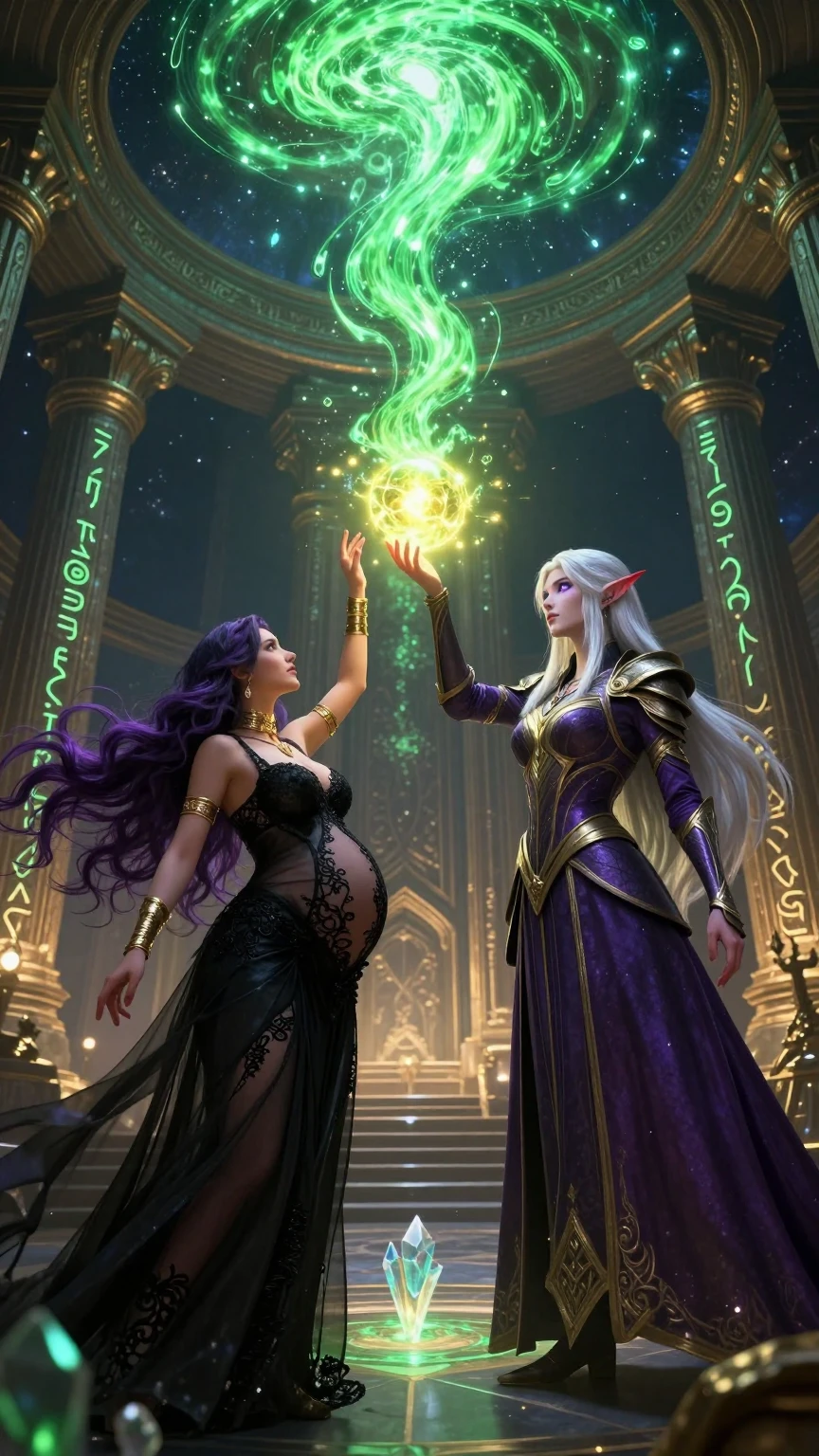 Dark Sorceress and Elf Mage Channeling Green Magic