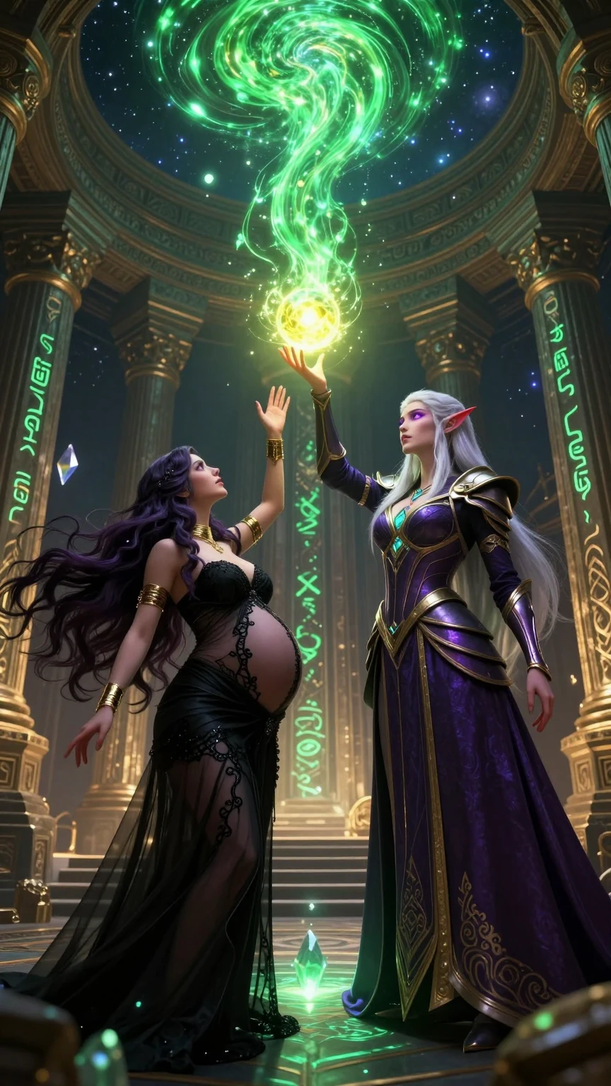 Dark Sorceress and Elf Mage Channeling Green Magic