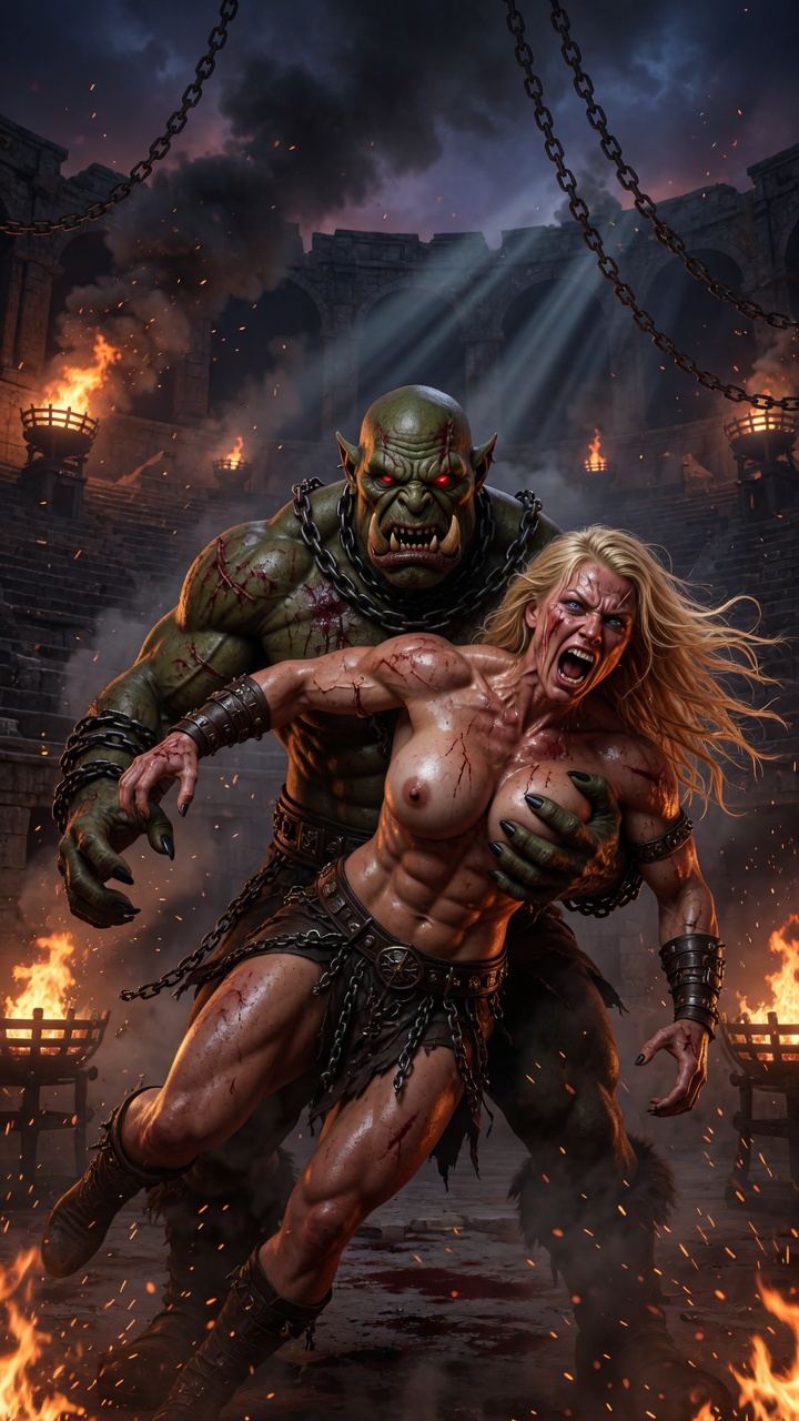 Massive Orc Crushes Blonde Warrior in Fiery Arena