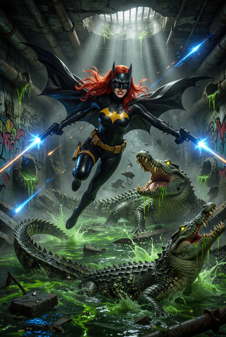 Redhead Batgirl vs Giant Sewer Crocodiles