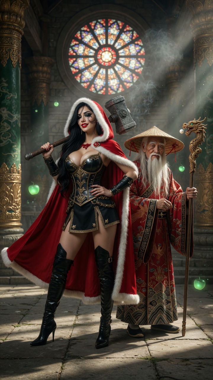 Red Riding Hood Warrior and Asian Sage in Ancient Temple