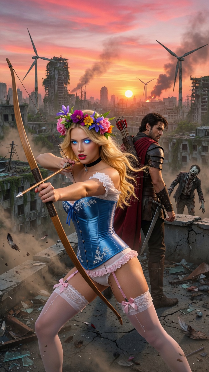 Post-Apocalyptic Blonde Archer on Rooftop Sunset