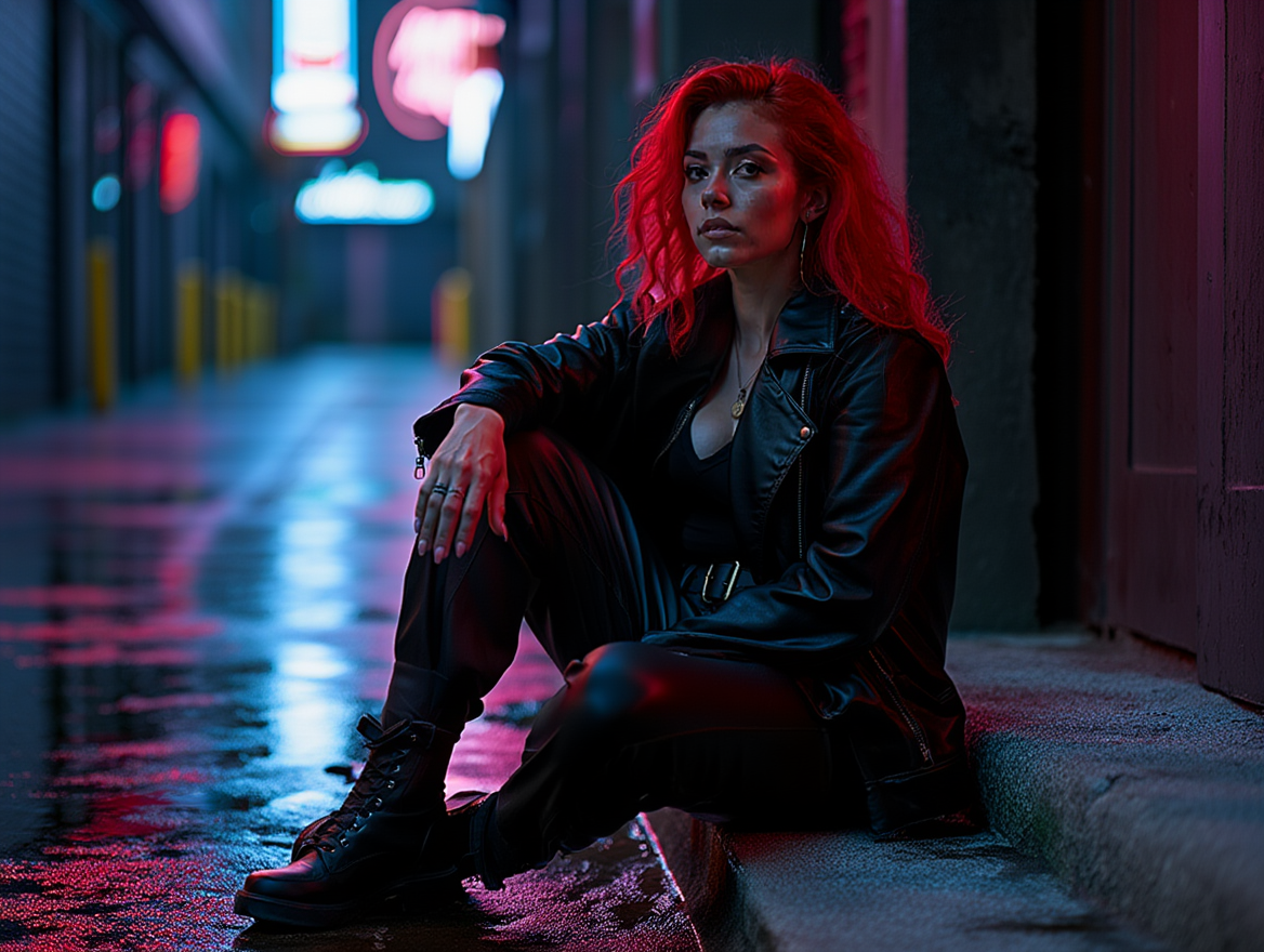 Neon Night Street Portraits with Red-Haired Cyberpunk Mood