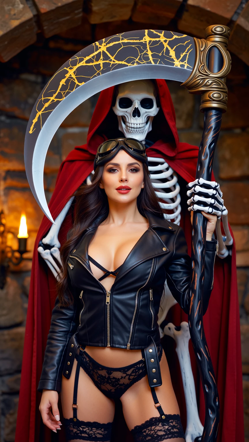 Brunette Seductress with Grim Reaper