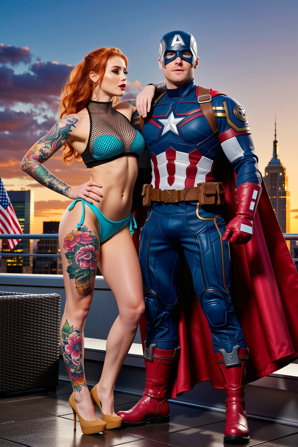 Redhead and Captain America Rooftop Duo