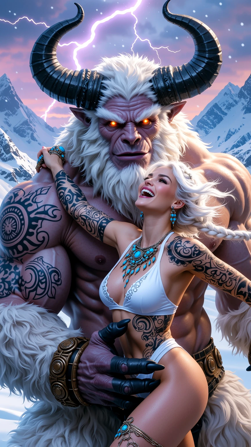 Tattooed Blonde Seduced by Horned Yeti in Blizzard
