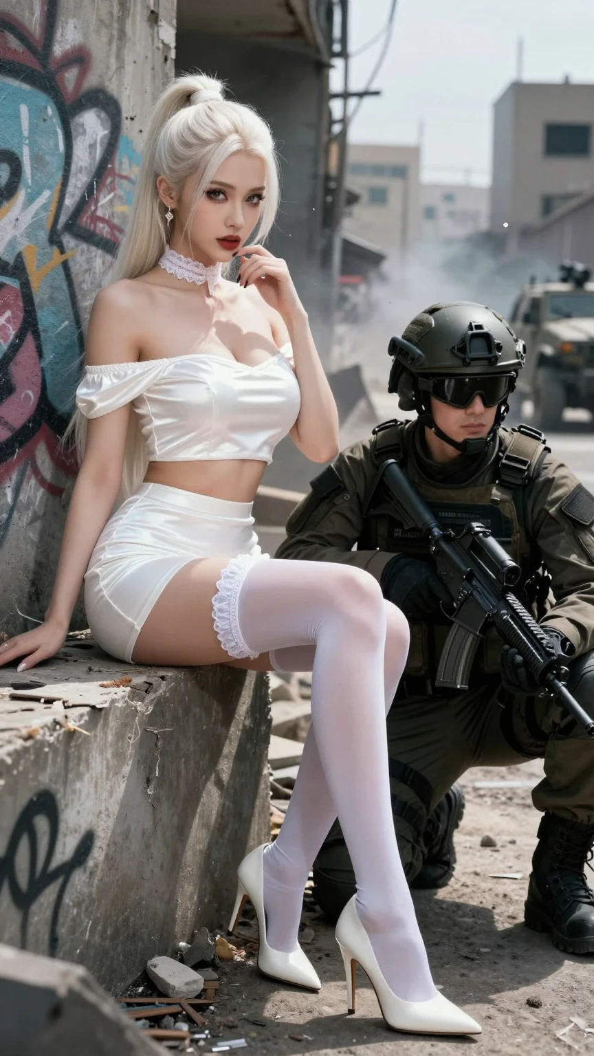 Blonde Beauty in White Satin with Tactical Soldier