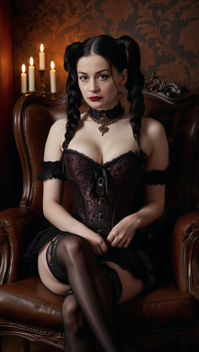 Crimson Corset Doll: Gothic Boudoir in Candlelit Shadows