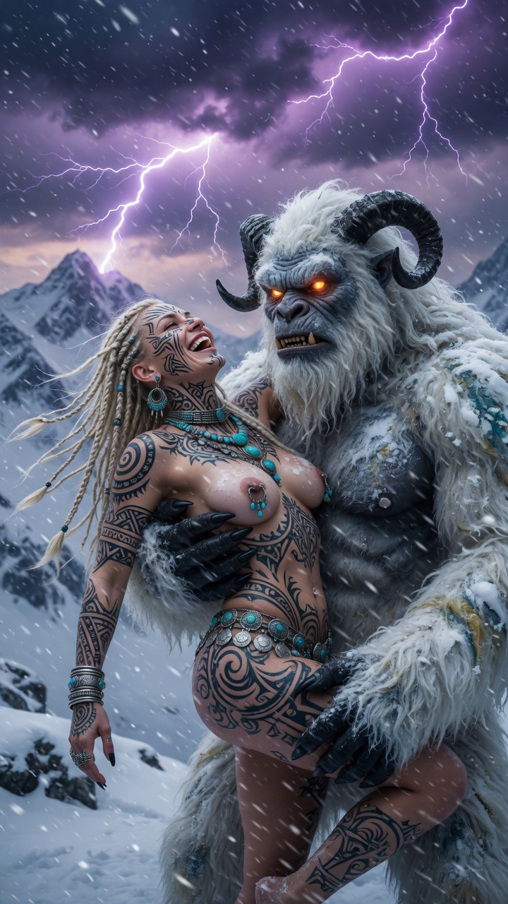 Tattooed Blonde Seduced by Horned Yeti in Blizzard
