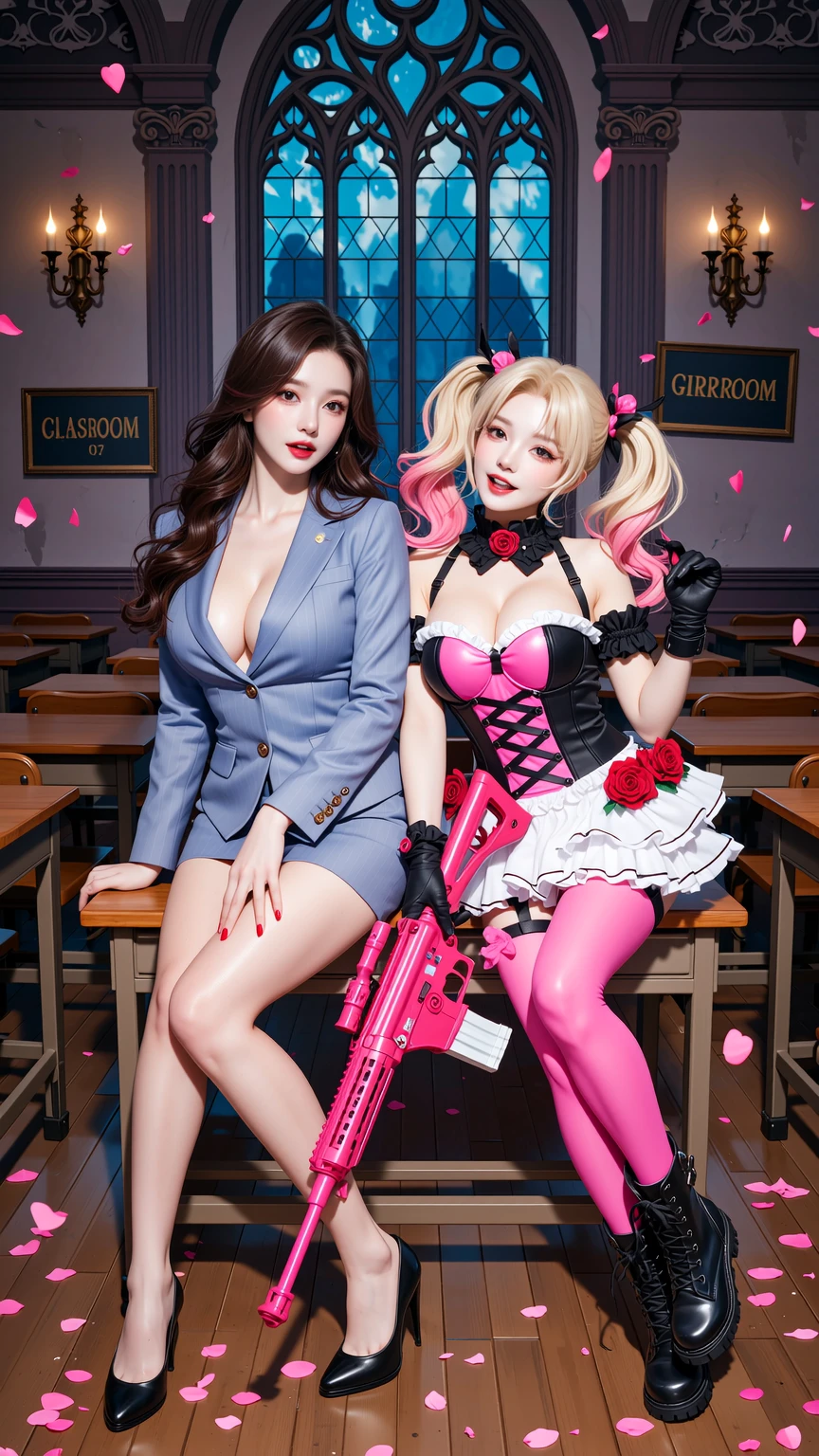 Harley Quinn and Brunette in Classroom Duo