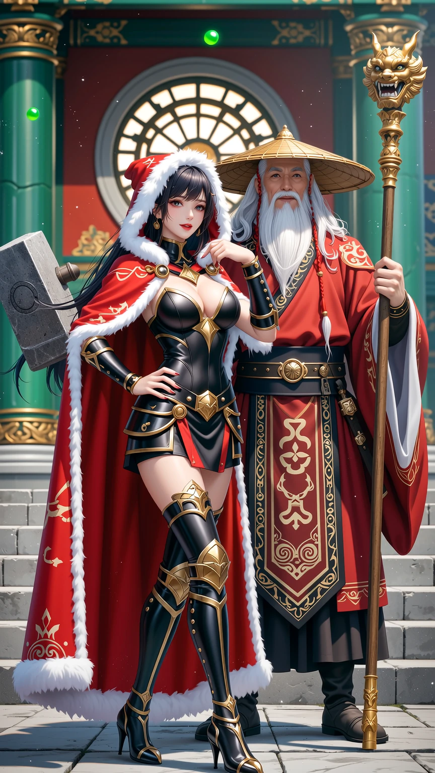 Red Riding Hood Warrior and Asian Sage in Ancient Temple