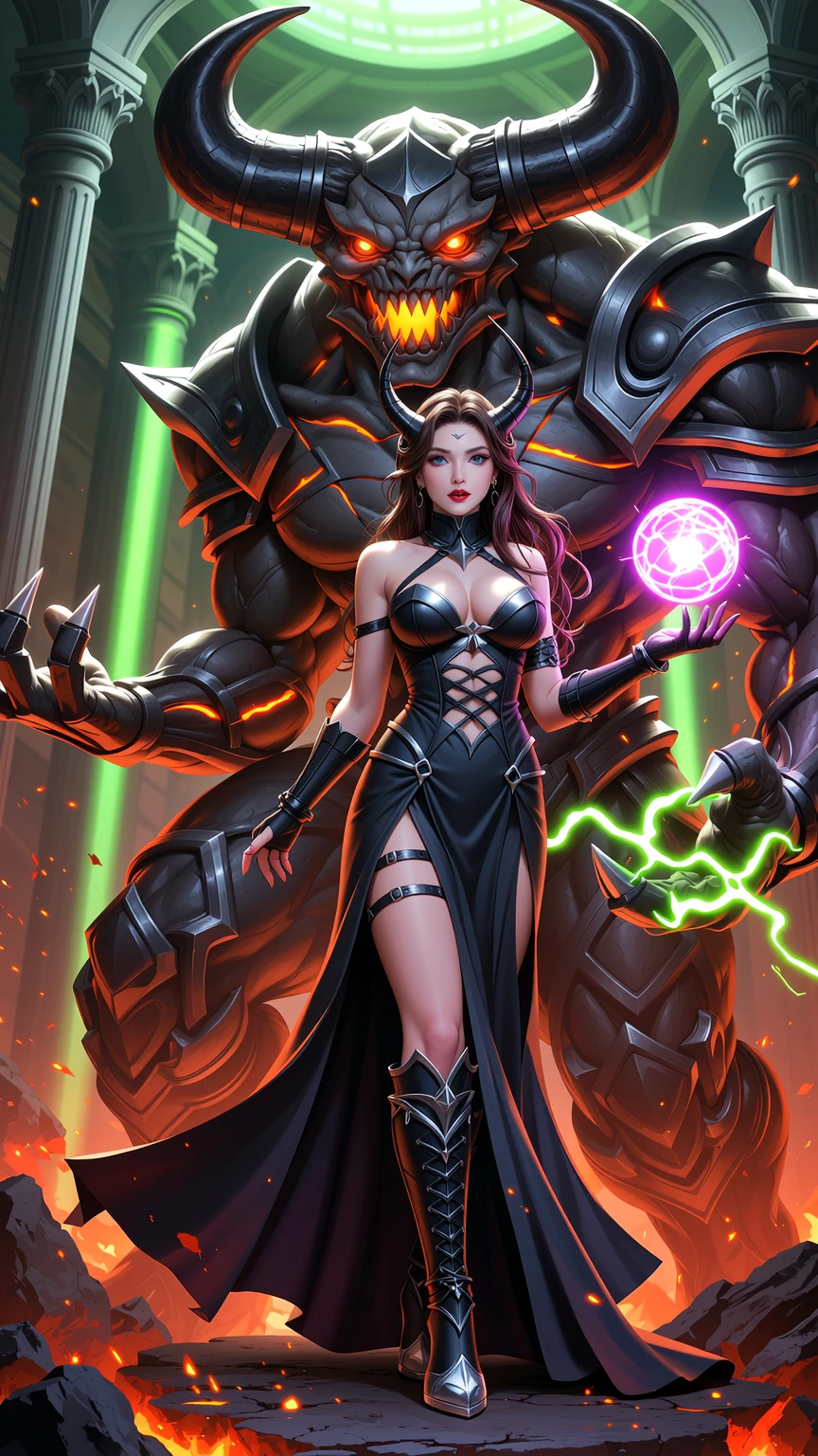 Sorceress Wielding Chaos Before Infernal Colossus