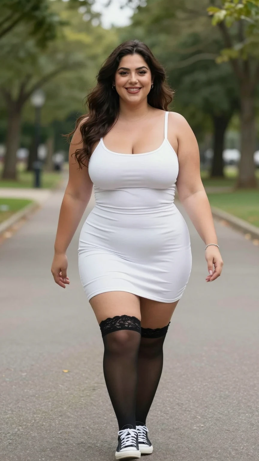 Curvy Brunette in Tight White Mini Dress