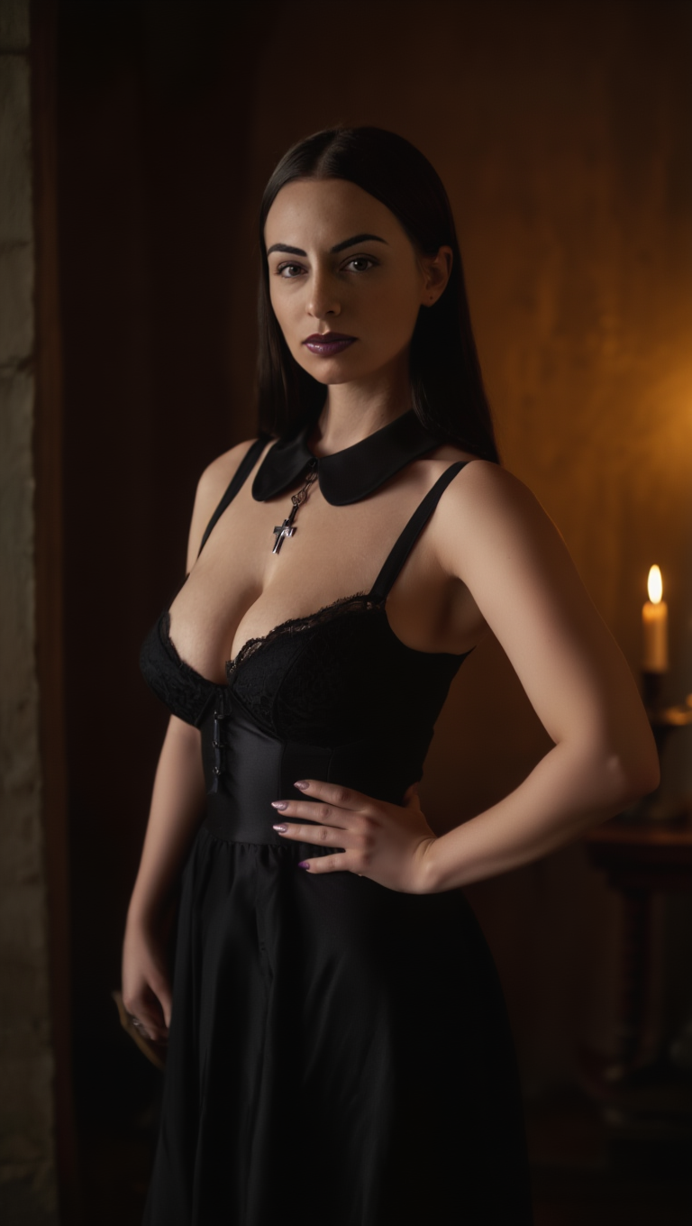 Dark Chapel Reverie: Brunette Muse in Candlelit Gothic Elegance