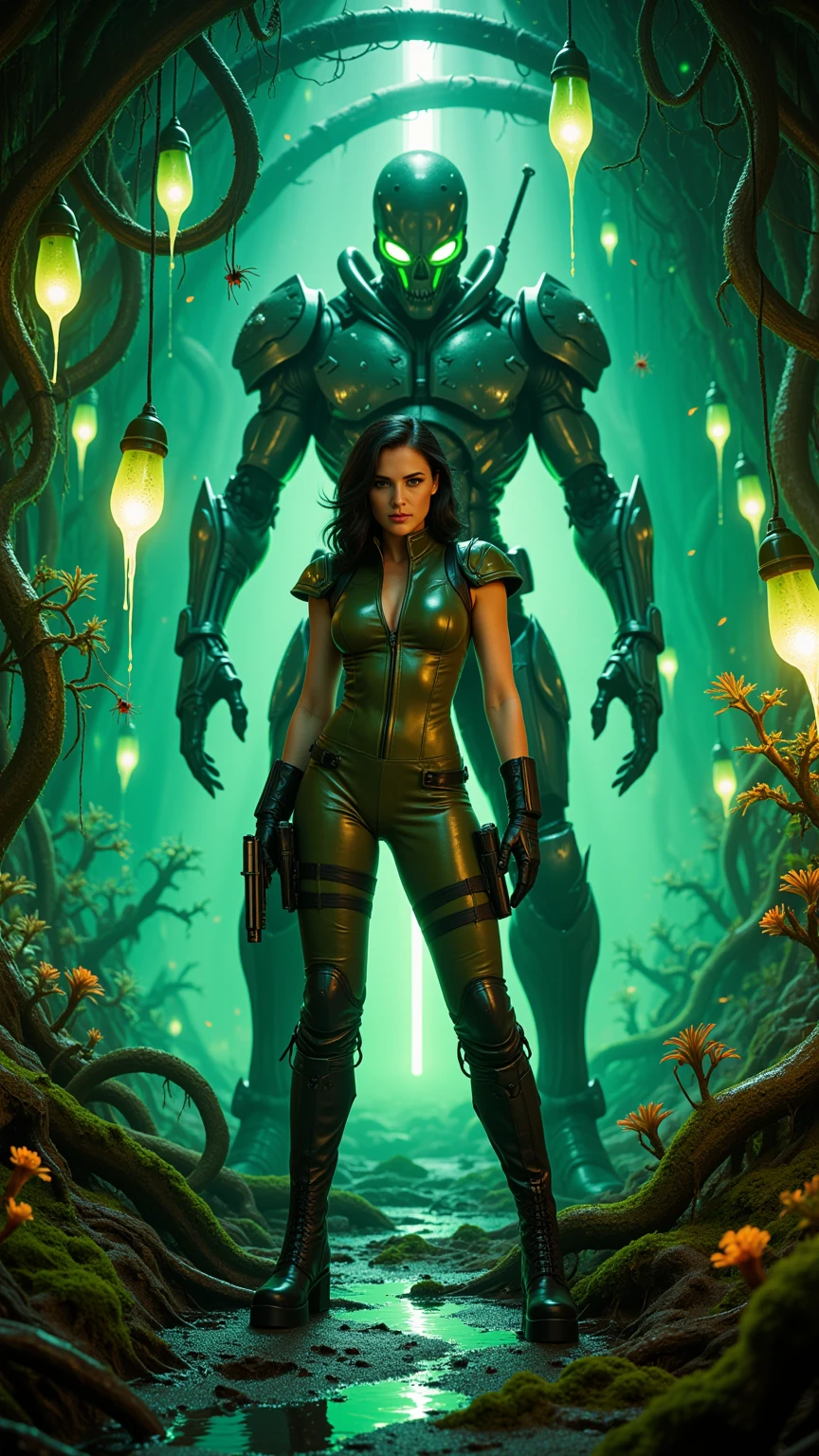 Alien Biomechanical Jungle Encounter With Futuristic Explorer
