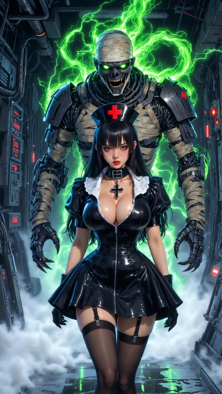 Latex Nurse and Glowing Cyber Mummy Guardian