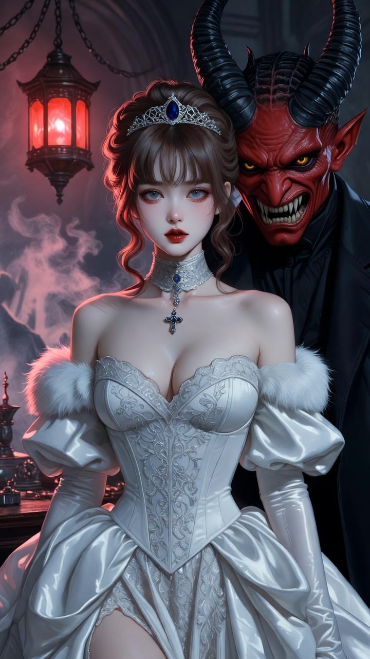 Innocent Bride with Menacing Red Demon Gothic Horror Fantasy Series