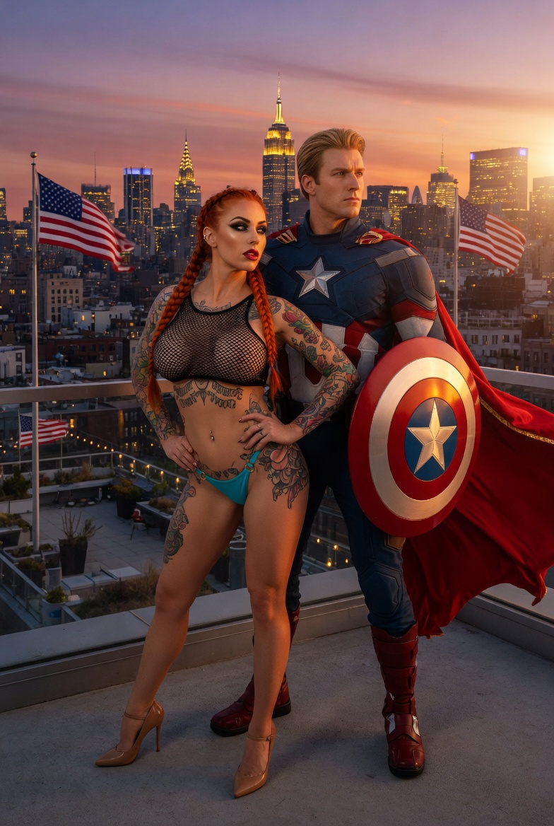 Redhead and Captain America Rooftop Duo