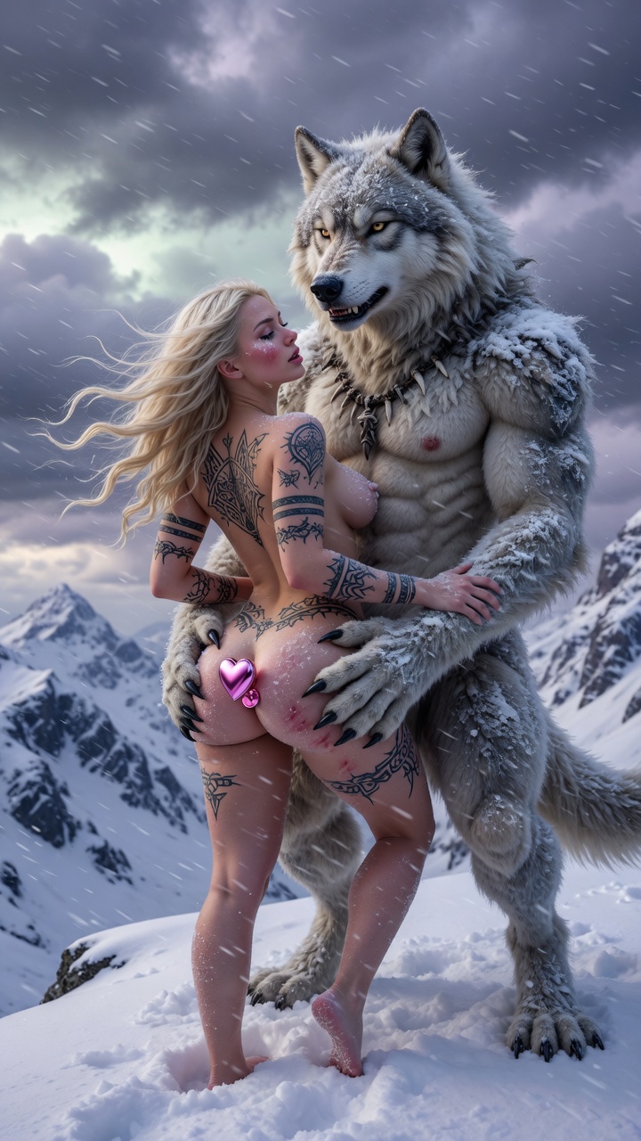 Blonde Nude with Massive Werewolf in Snowy Mountains