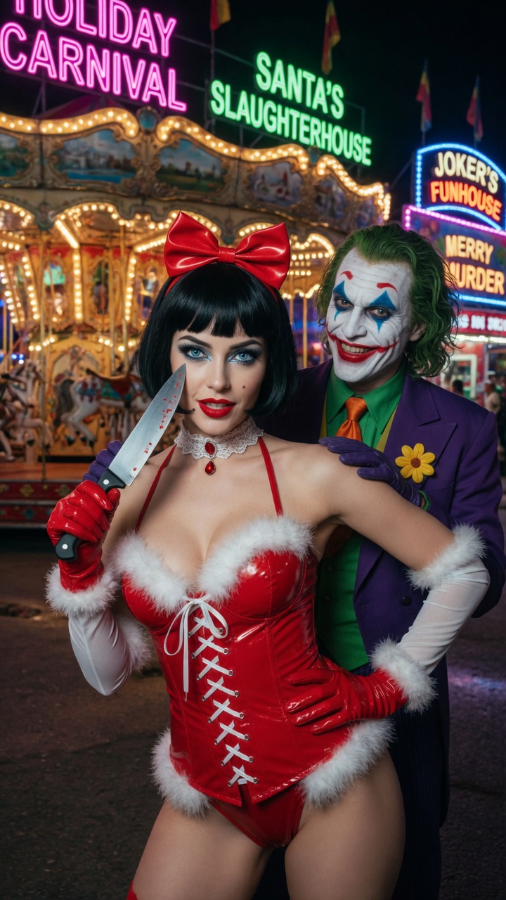 Sexy Mrs Claus with Joker at Carnival