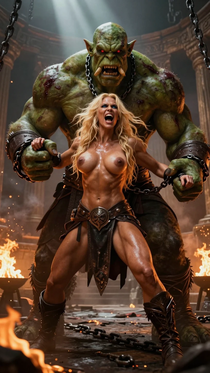 Massive Orc Crushes Blonde Warrior in Fiery Arena