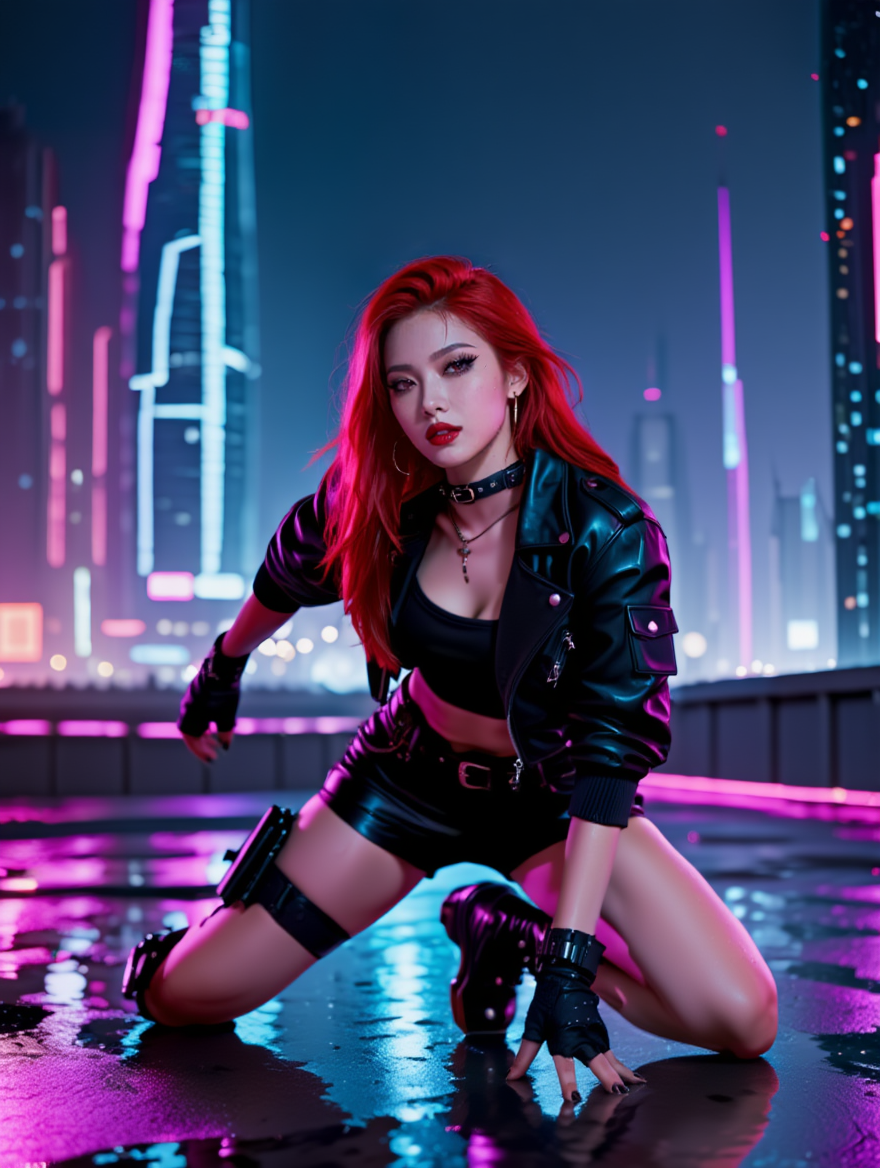 Neon Cyberpunk Femme Fatale in Futuristic City Nights