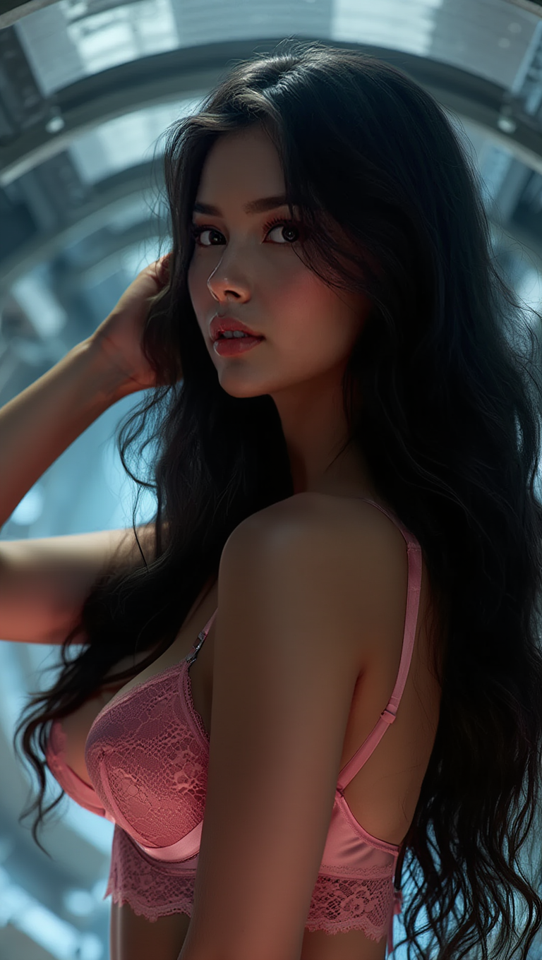 Neon Corridor Lingerie in Futuristic Sci-Fi Atmosphere