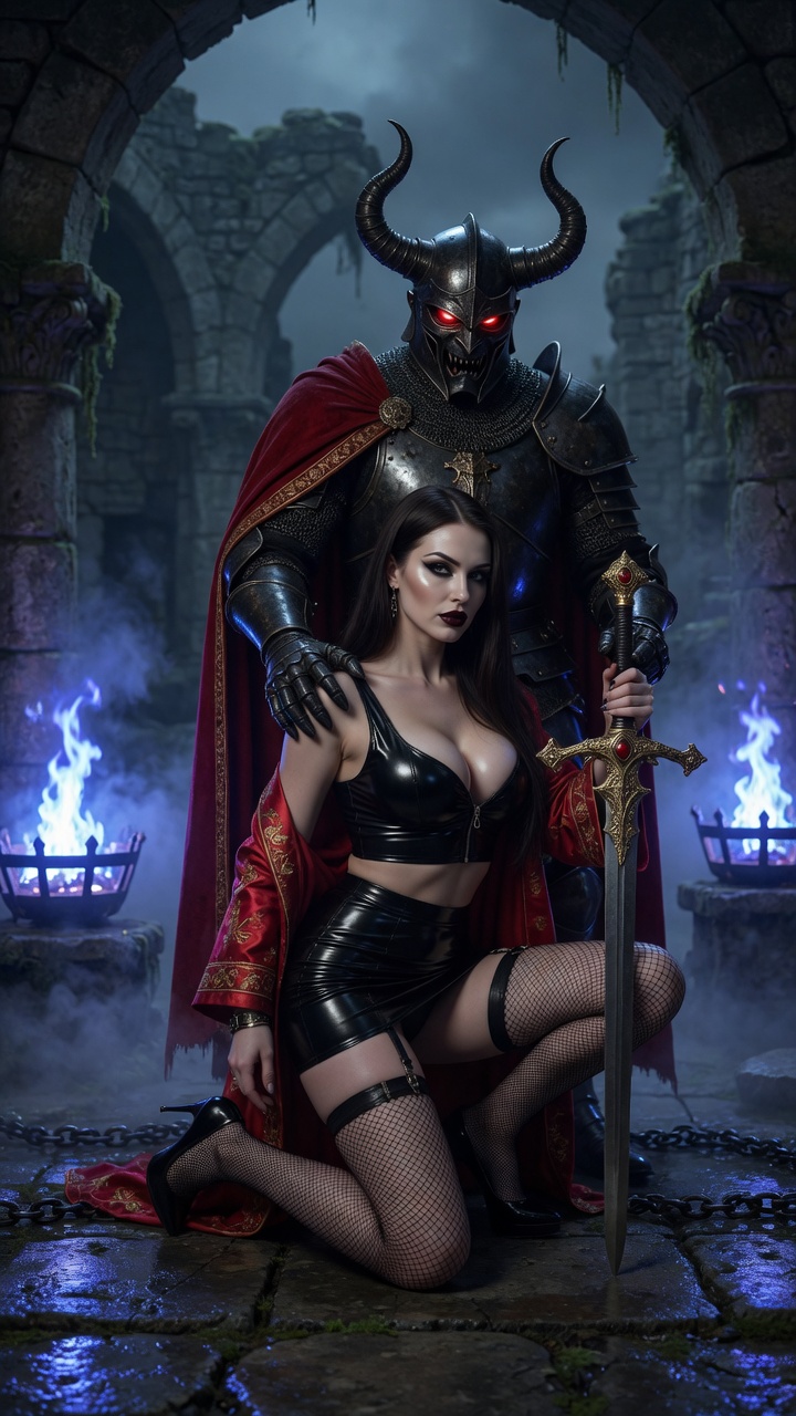 Kneeling Beauty with Horned Dark Knight