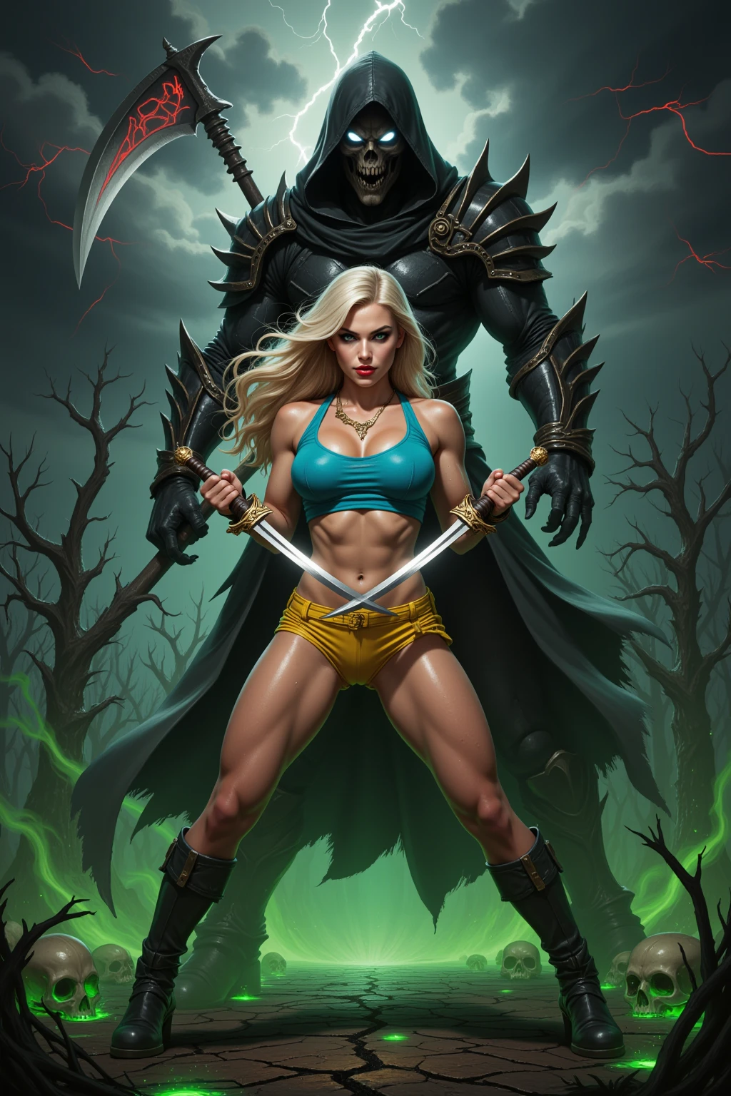 Blonde Warrior Facing Shadow Reaper in Hellscape