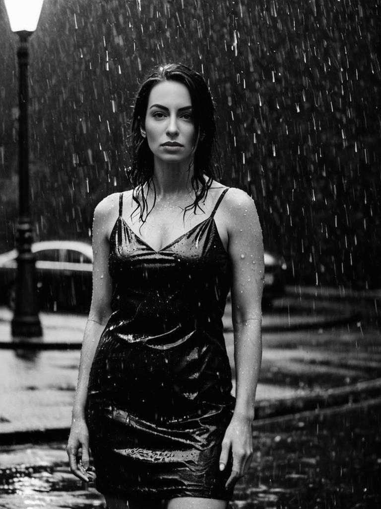 Brunette Drenched in Black Dress: Moody Rainy Night Portrait