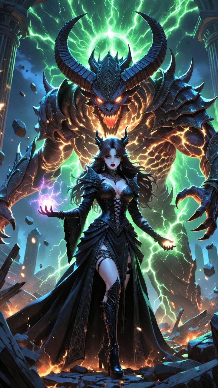 Sorceress Wielding Chaos Before Infernal Colossus
