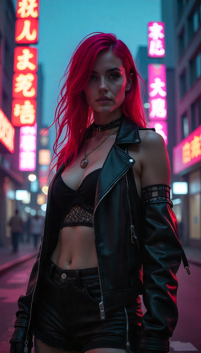 Neon Alley Cyberpunk Rebel Under Dystopian City Lights