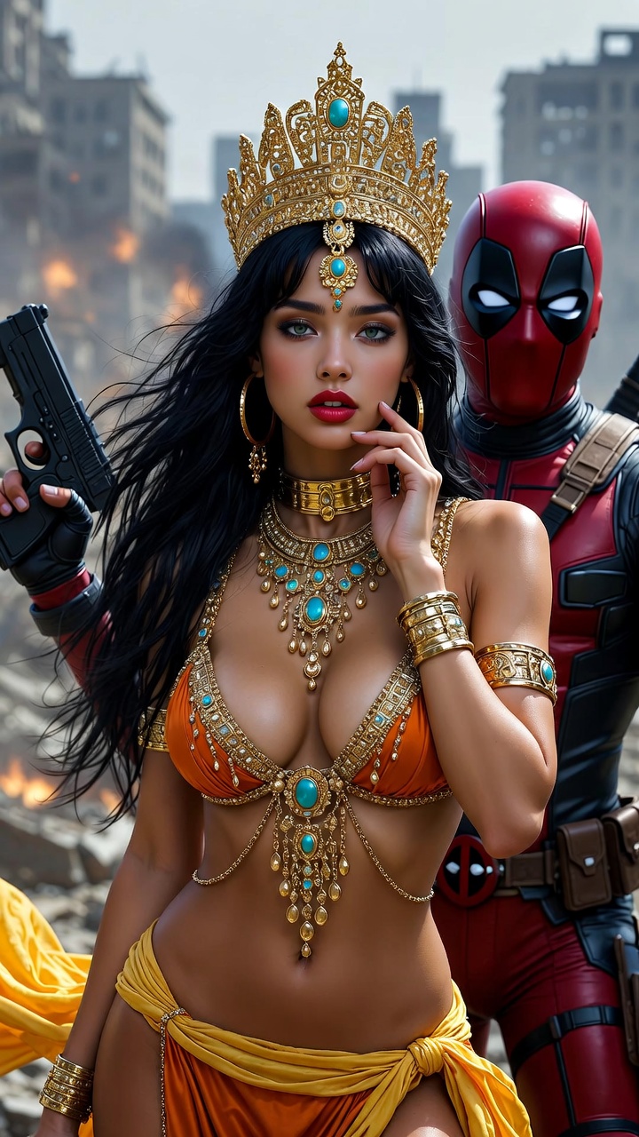 Exotic Golden Queen Posing with Deadpool in Ruins