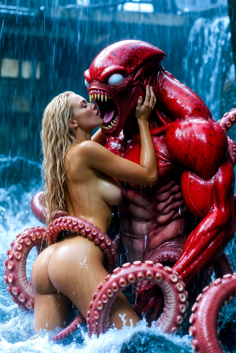 Blonde Nude Kisses Red Tentacle Monster in Rain