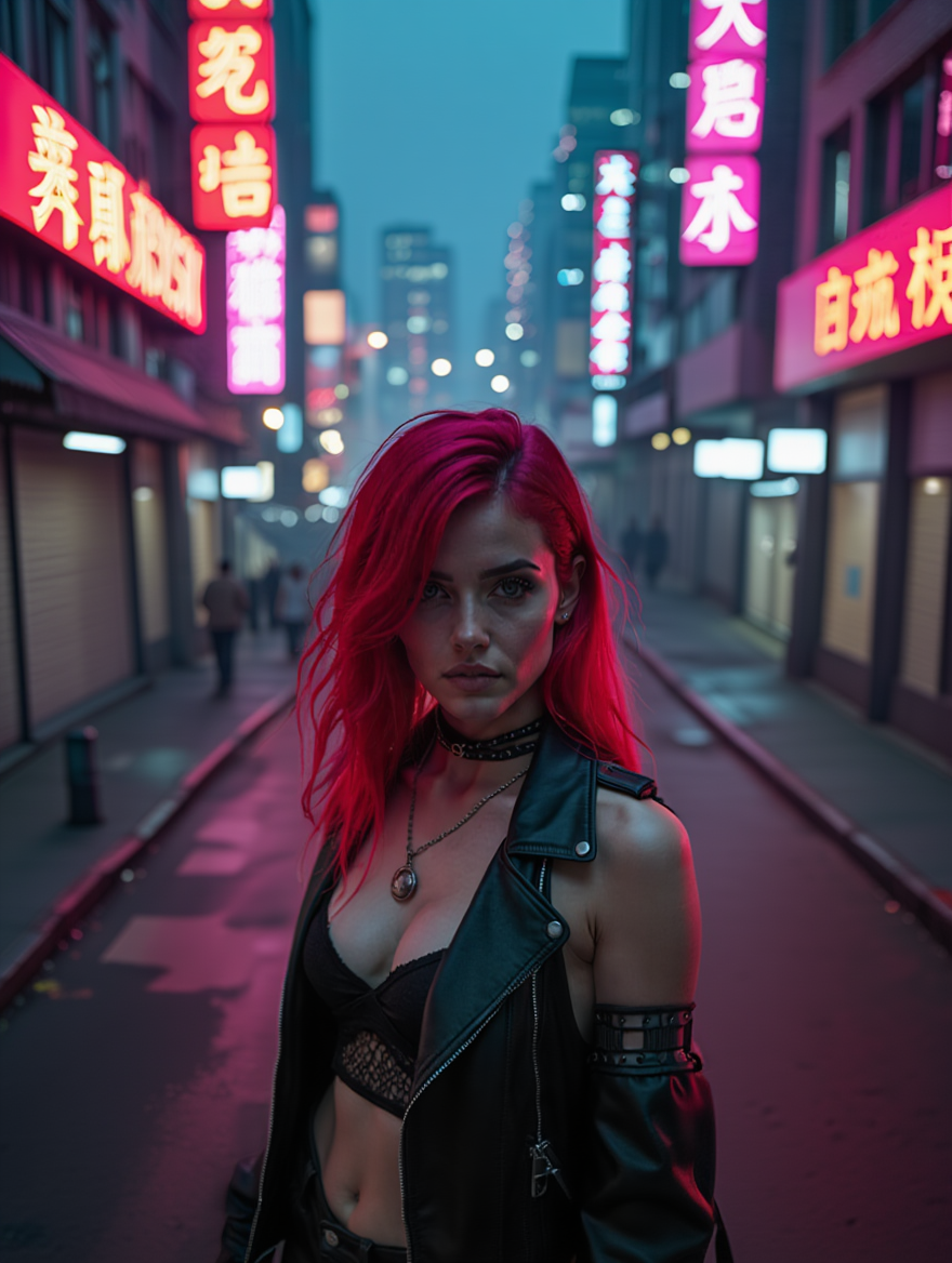 Neon Alley Cyberpunk Rebel Under Dystopian City Lights