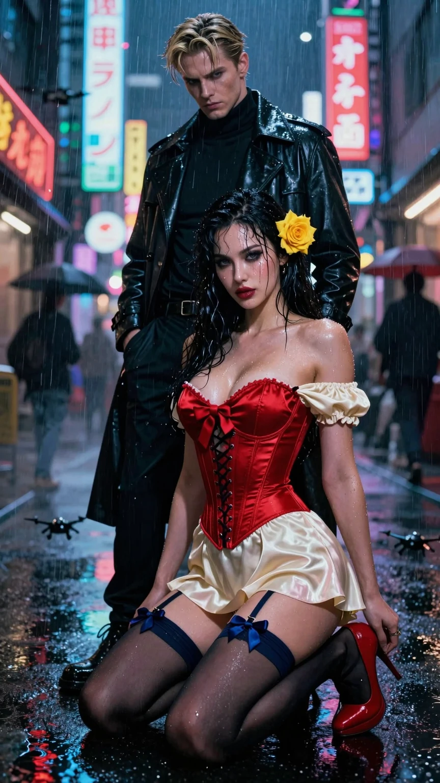 Neon Rain Seduction – Corset & Trenchcoat