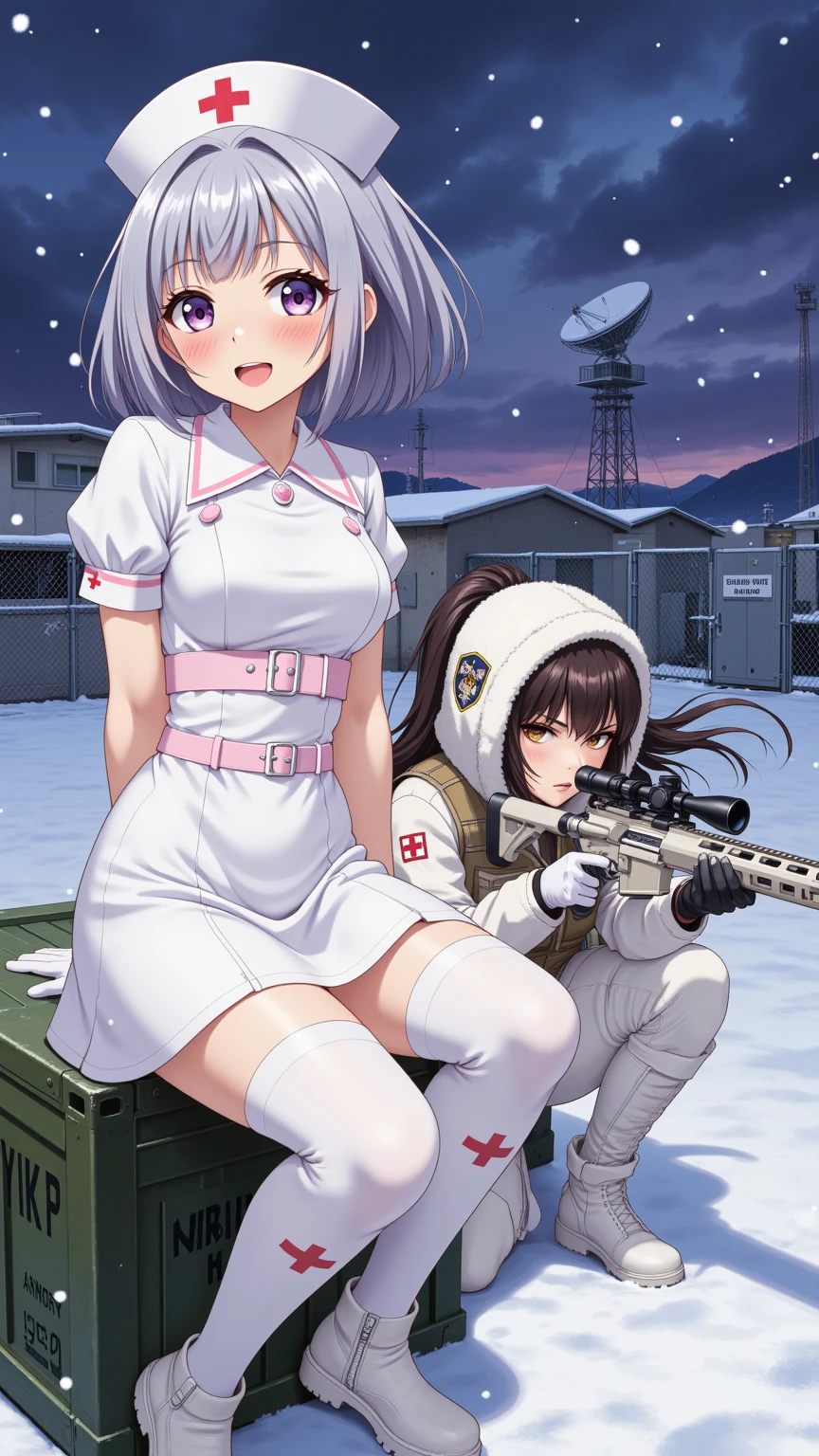 Nurse and Sniper Girls in Snowy Military Base