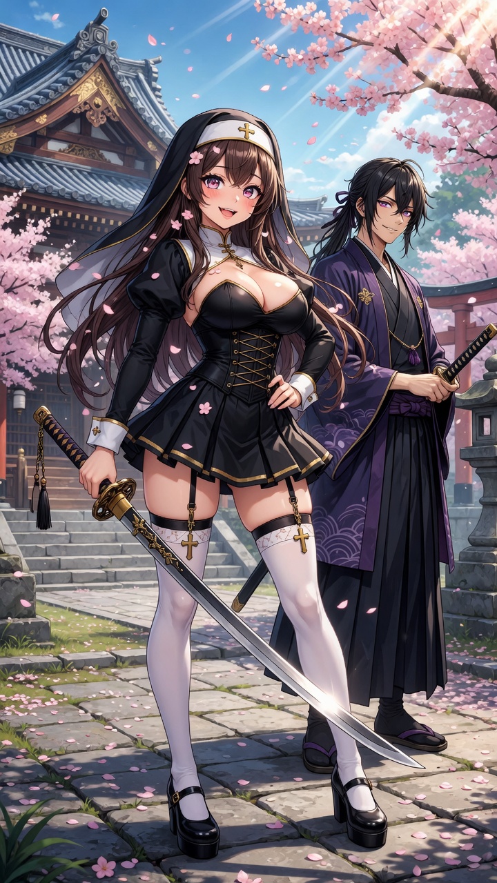 Seductive Nun and Samurai in Cherry Blossoms