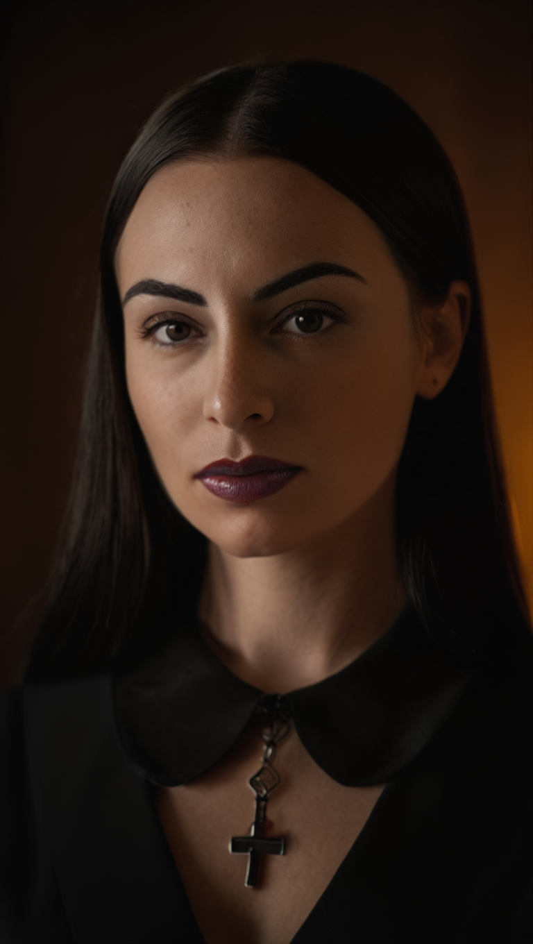 Dark Chapel Reverie: Brunette Muse in Candlelit Gothic Elegance