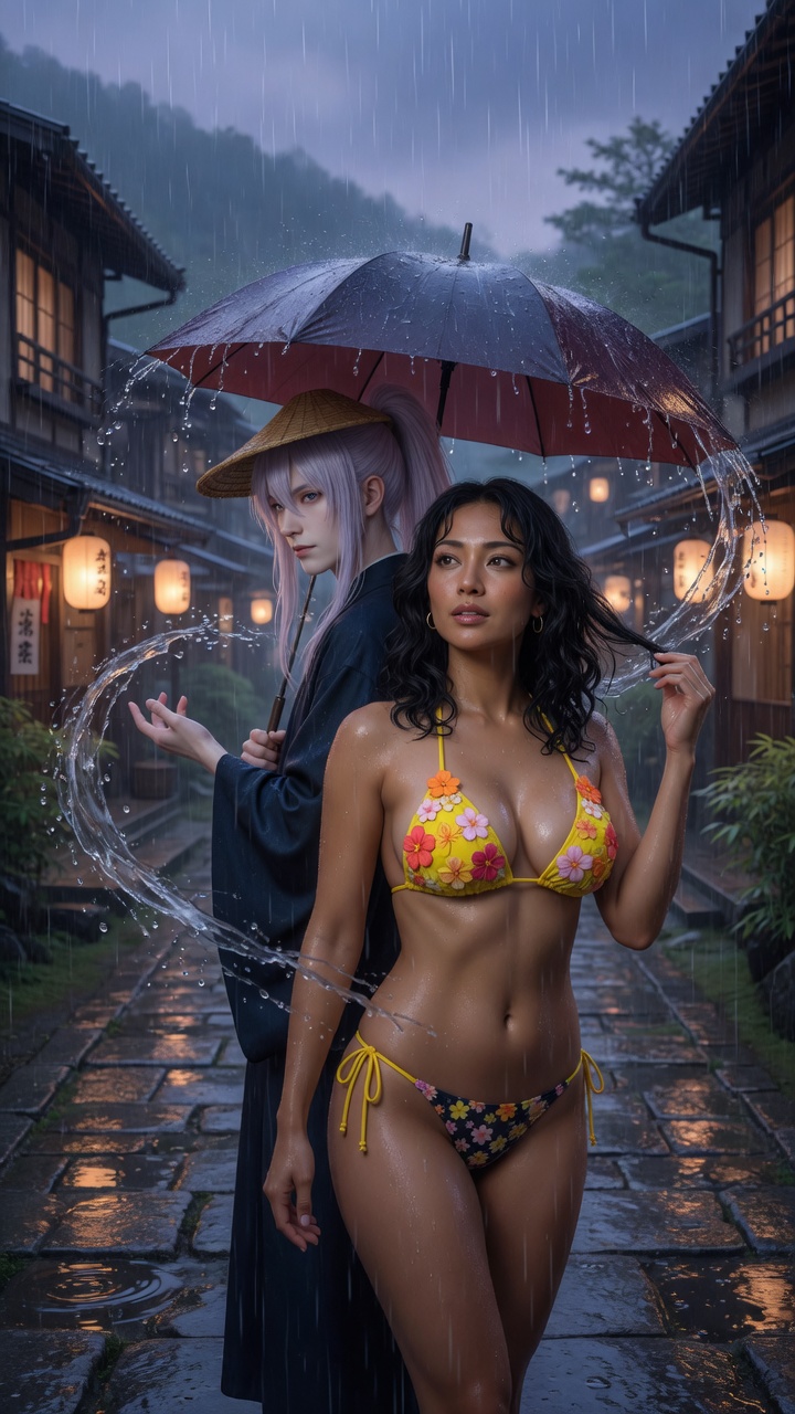 Bikini Beauty in Japanese Rain with Umbrella