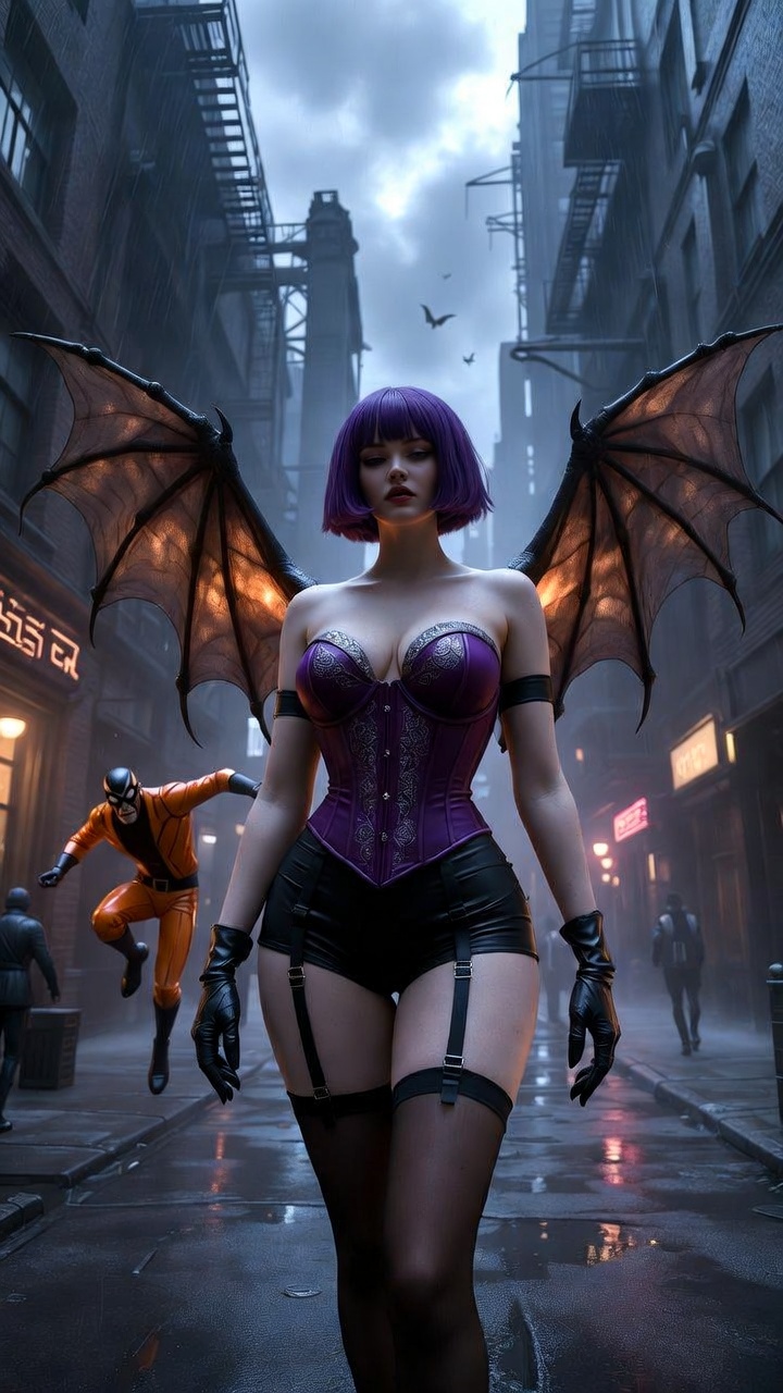 Neon Gothic Alley with Winged Femme Power
