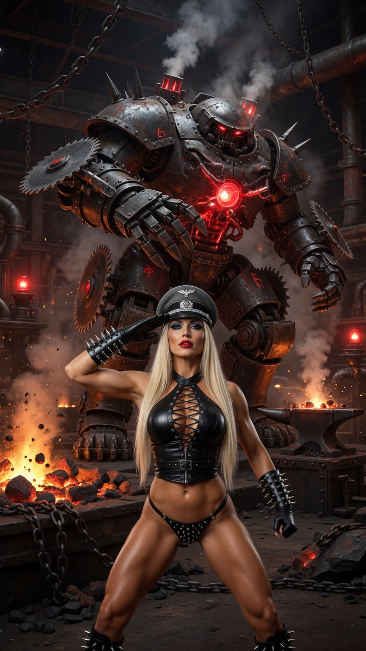 Blonde in Leather with Giant War Robot