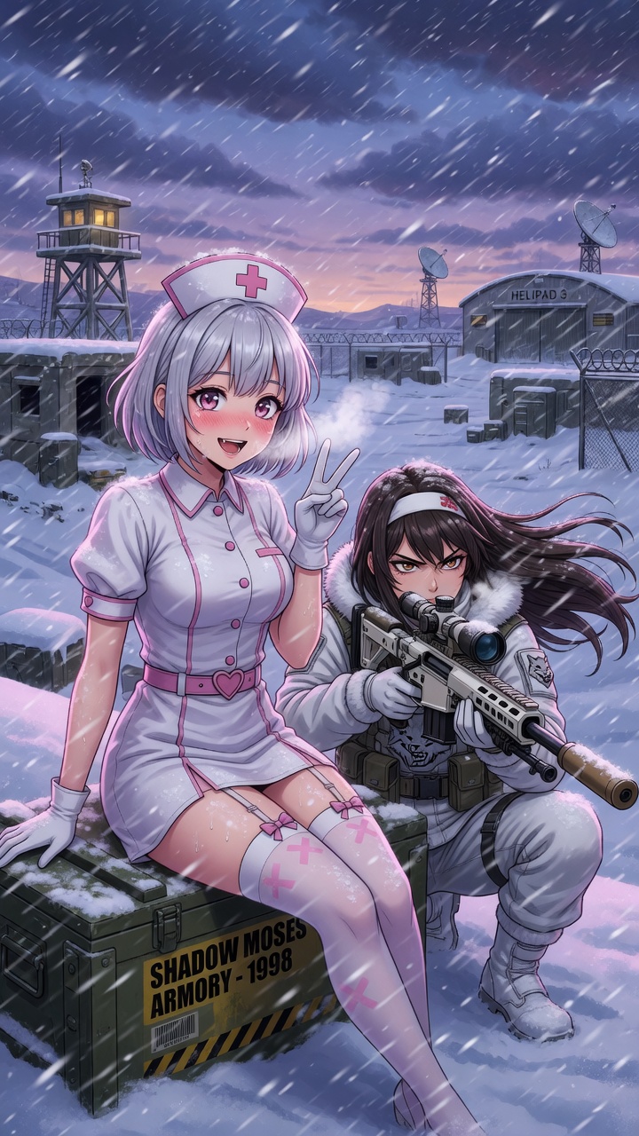 Nurse and Sniper Girls in Snowy Military Base