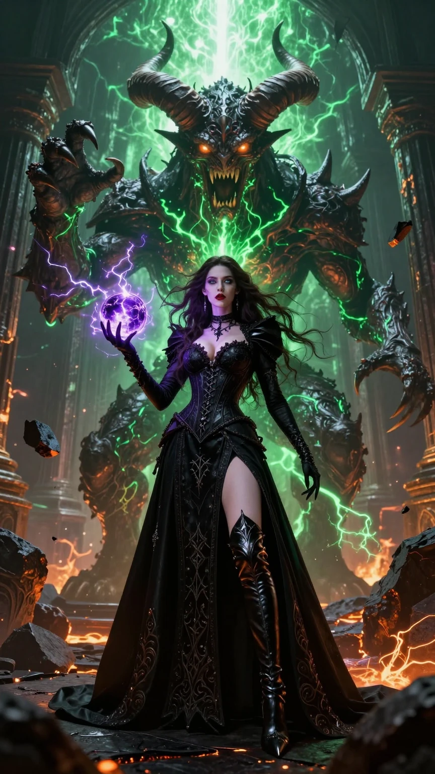 Sorceress Wielding Chaos Before Infernal Colossus