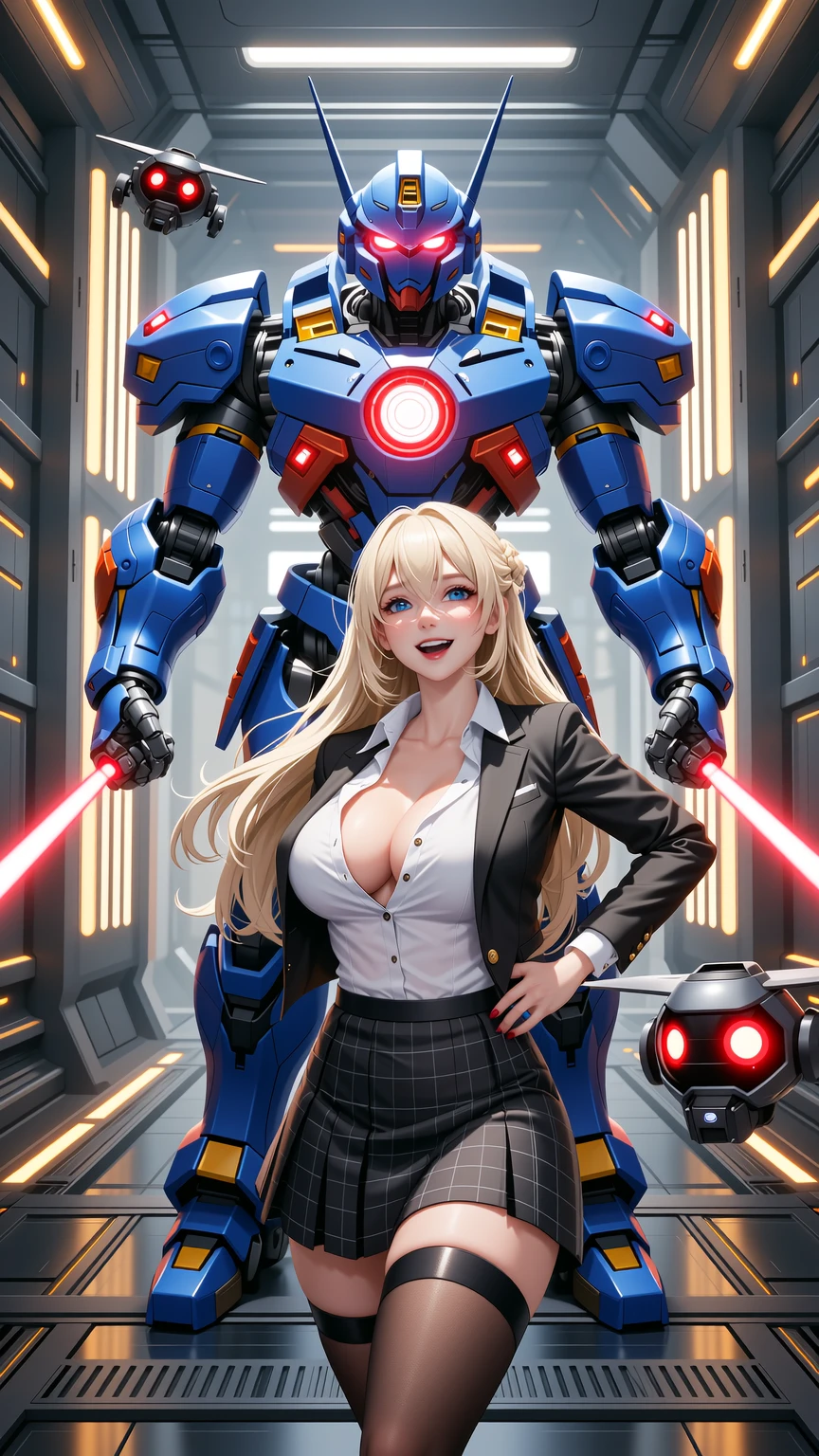 Blonde in Checkered Mini Skirt with Giant Robot